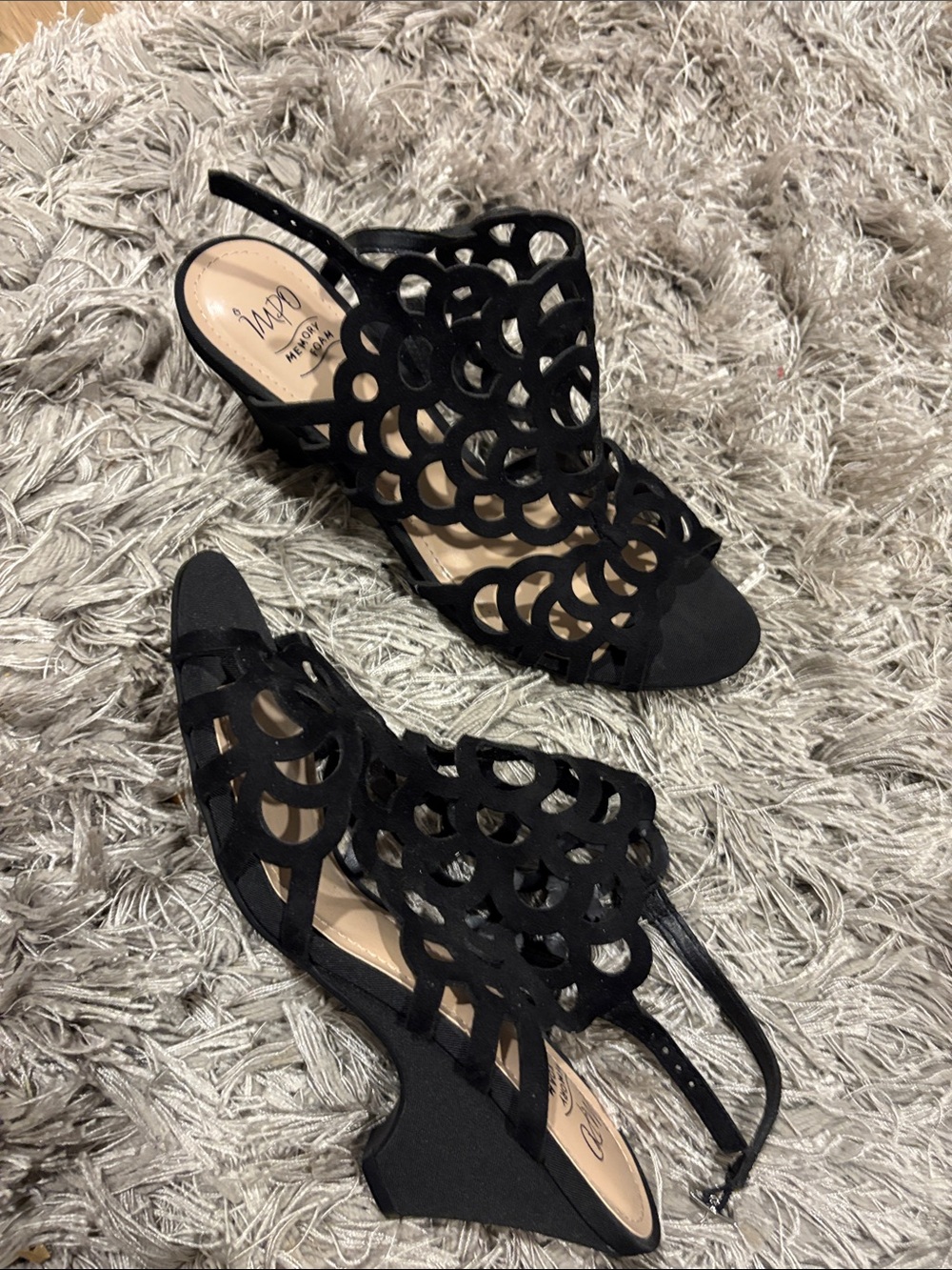 Impo Black Laser-Cut Slingback Wedge Sandals